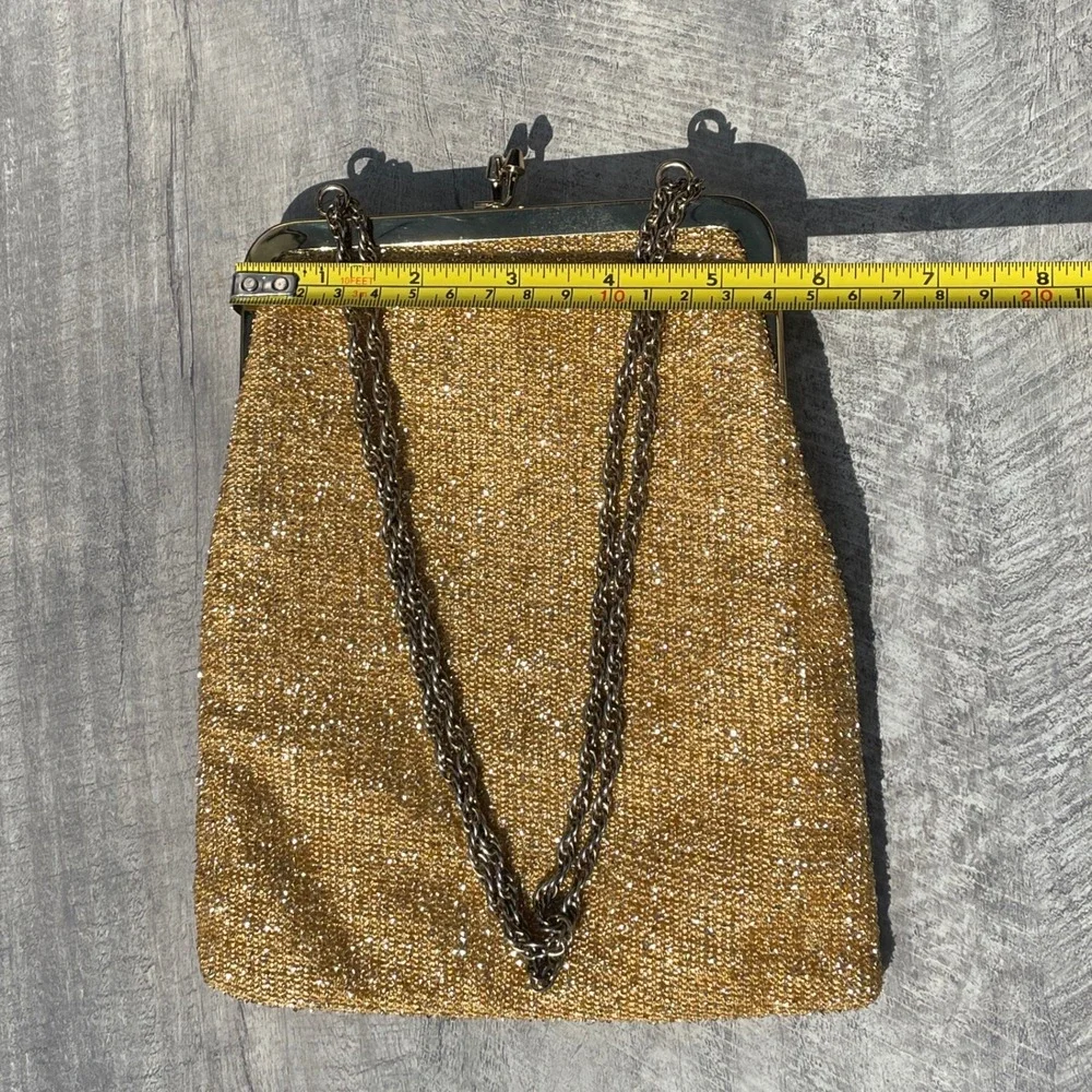 Vintage Harry Levine Gold Weave Evening Bag Kiss Lock Chain Strap Clutch Wedding
